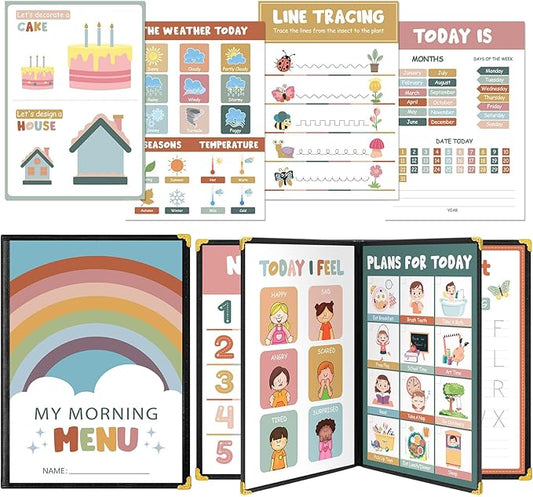Fuyoooo Homeschool Morning Menu Kit for Preschool Learning – 16 Educational Posters & 2 Menu Covers for Toddlers and Kids, Daily Learning Activities for Homeschool Classroom(Morandi Color)