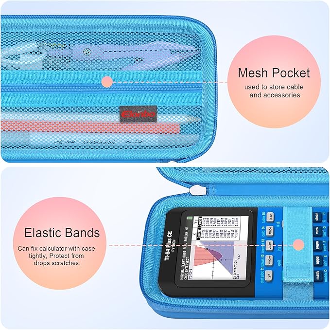 Elonbo Carrying Case for Texas Instruments TI-84 Plus CE/TI-84 Evo/TI-84 Plus/TI-83 Plus/TI-83 Plus CE Color Graphing Calculator, Extra Mesh Pocket Fits Charging Cable Charger Manual, Blue
