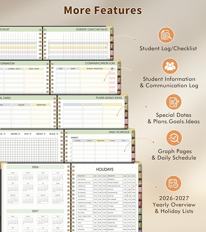 Teacher Planner 2026-2027, July 2026 - June 2027, Academic Weekly & Monthly Calendar Planner with Tabs, 8.5" x 11" A4 Teacher Lesson Plan Book with 7 Periods, Daily Agenda School Organizer for Teacher Student Homeschool, Black