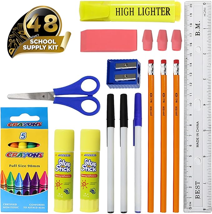 Moda West 22 Piece Bulk School Supplies Kits, Value Pack of 48 Kits - Essential Box of School Supplies Kit with Pens, Pencils, Crayons, and More for Elementary, Middle, and High School Students