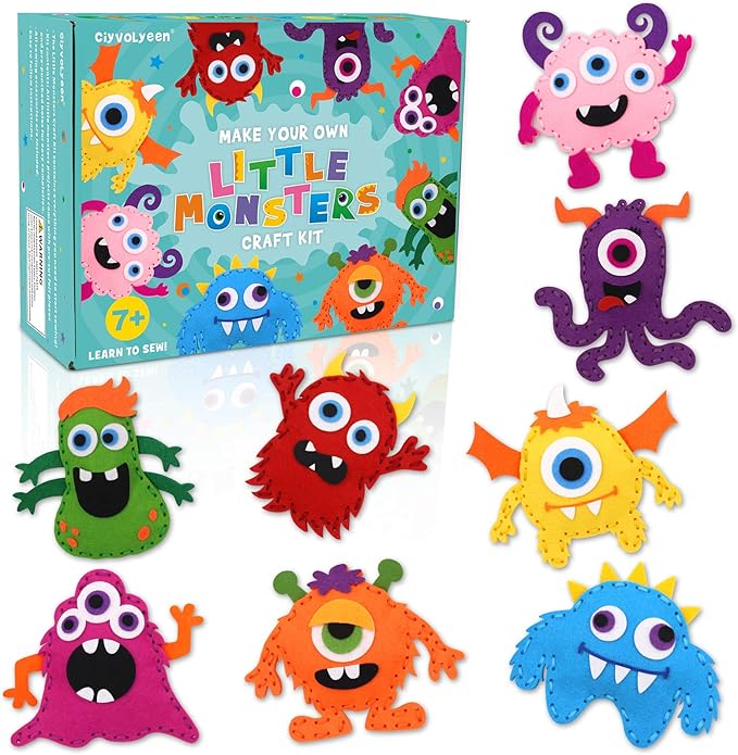 CiyvoLyeen Kids Sewing Kit Crafts – Little Monsters Felt Plush DIY Craft Adopt A Monster Educational Sewing Set for Kids Beginner Craft Kit Set of 8