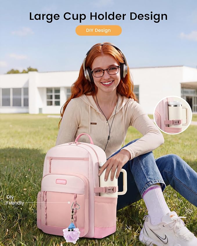 LOVEVOOK Laptop Backpack for Women with Large Cup Holder,15.6Inch DIY Design Travel Work Backpack Computer Laptop Bag,Waterproof Nurse Teacher College Commuter Backpack Purse,Gift for Women Men,Pink
