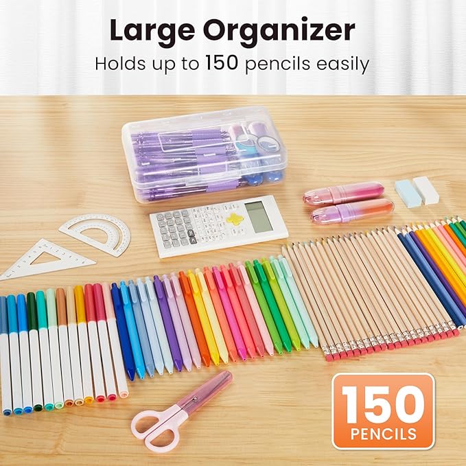 Sooez 6 Pack Pencil Box, Hard Pencil Boxes for School Supplies Bulk, Large Plastic Pencil Case with Lid, Clear Pencil Container, Stackable School Boxes Crayon Boxes Bulk for Kids