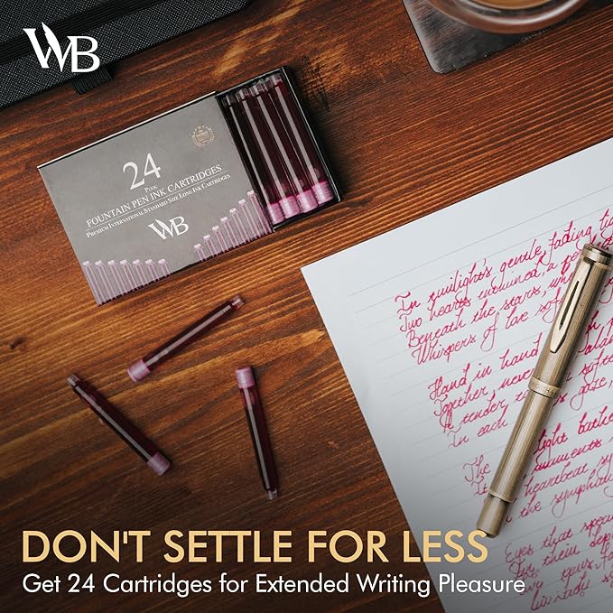 Wordsworth & Black 24 Pack Fountain Pen Ink Refills - Set of 24 Pink Ink Cartridges - International Standard Size - Length APPR 2.3" - Base Diameter APPR 0.24" - Disposable and Generic