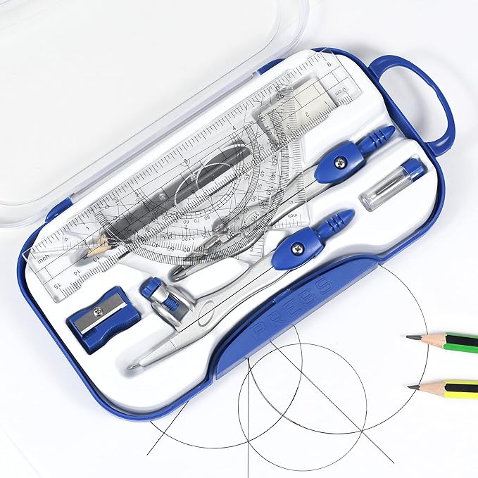 Unjoo Math Geometry Kit Sets 10 Piece Student Supplies with Shatterproof Storage Box,Includes Rulers,Protractor,Compass,Eraser,Pencil Sharpener,Lead Refills,Pencil,for Drafting and Drawings（Navy blue）