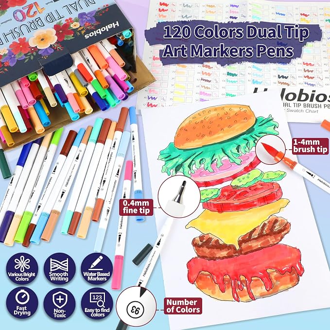 Halobios Dual Tip Art Markers - 120 Numbered Colors (Brush & Fine Point) Marker Pens, No Bleed Through for Adult Coloring Books, Drawing, Calligraphy, Hand Lettering & Journaling