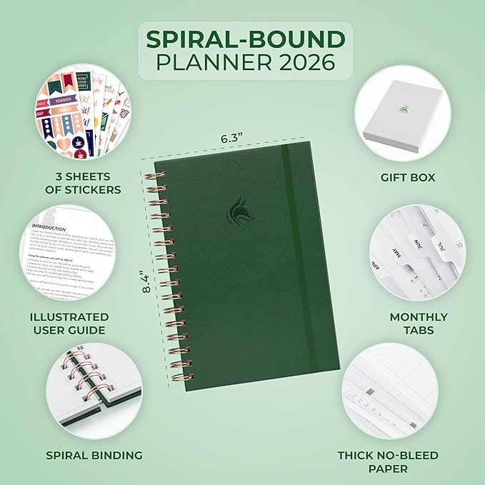 Clever Fox Dated Planner with Tabs 2026 – Weekly & Monthly Spiral Planner with Habit Tracker for Goal Setting & Time Management (Forest Green)