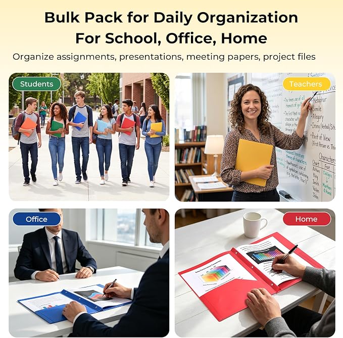 SUIN Plastic Project-Folder with 2 Pockets and 3-Prong Fasteners, for US Letter Size, Bulk Pack Color File-Folder for US Letter Size Papers, Ideal for School & Office, (Assorted Bright Colors)
