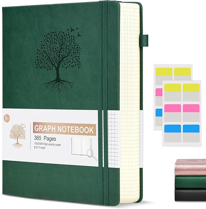 Ansopu Graph Paper Notebook Journal, 360 Numbered Pages Grid Notebooks 8.5 x 11, Thick 100gsm Paper Graphing Notebook Journals for Women Men, A4 Large Hardcover Graph Leather Notebook Green