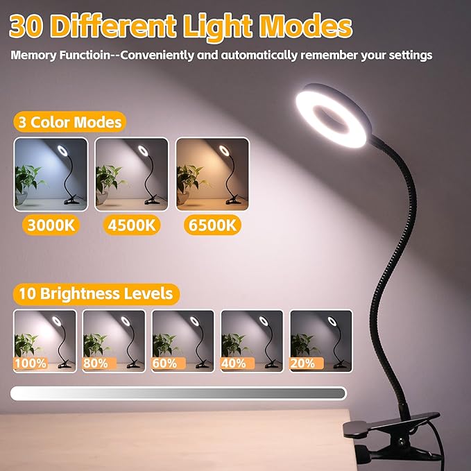 Foneso Desk Lamp Clip on Light, 48 LEDs USB Lamp with 3 Color Modes 10 Brightness Levels, 360° Flexible Gooseneck Eye Protection Bed Night Light for Reading, Makeup, Office, Pack of 2