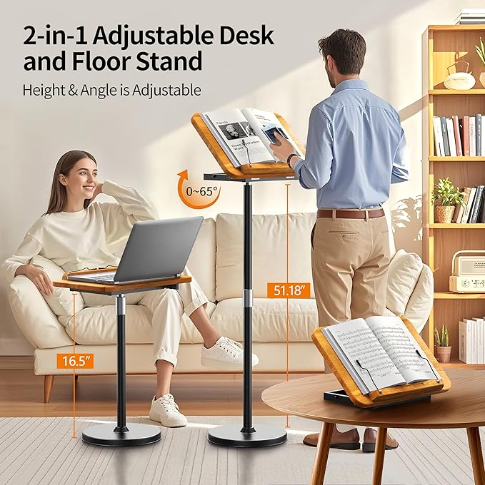 NAMON Floor Book Stand for Reading, 100% Solid Wood, Height Adjustable 16.5"-51", Floor Reading Stand with Page Clip for Cookbooks, Sheet Music (Stationary / 2-in-1, 11.8" x 16.5")