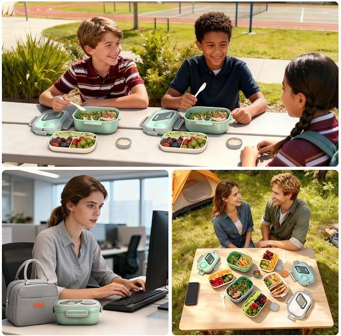 PEDECO Green Lunch Box Set with Bag & Utensil, Leak Proof for Women Men Kid | 2-tier stackable container with sauce pod,Insulated bag keeps food hot or cold,Microwave & dishwasher safe,for women men