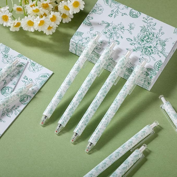Resurhang 30 Pcs Sage Green and White Floral Ballpoint Pens 0.5 mm Black Ink Chinoiserie Gel Pens Vintage Aesthetic Retractable Ballpoint Office School Supplies for Bridal Baby Shower Wedding
