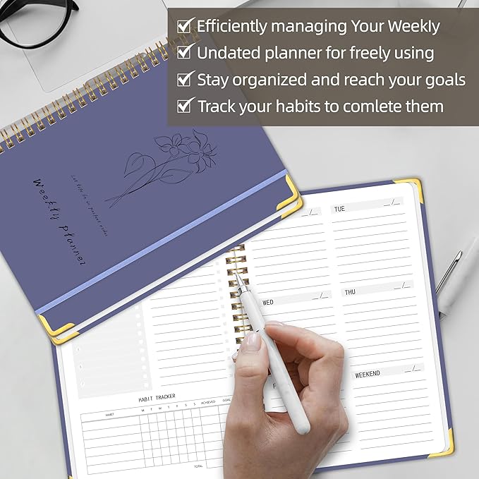Undated Weekly Planner, Weekly To Do List Notebook with Goal & Habit Tracker Organizer, A5 5.8" x 8.0" Weekly Planner Notebook with Spiral Binding for Men or Women