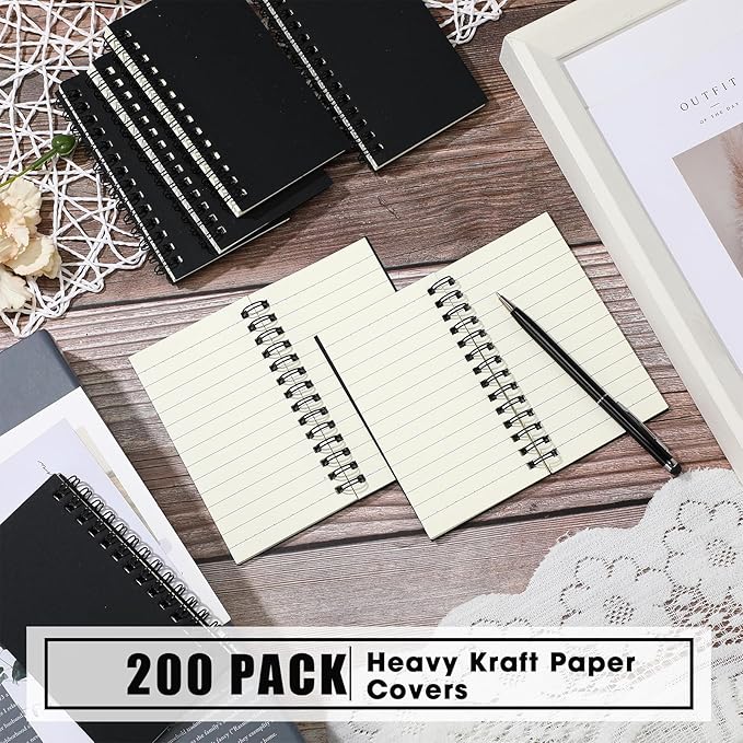 Jutom 200 Pcs Small Spiral Notebooks Memo Pads 3x5 Bulk Small Pocket Notebooks Mini Notepads with Lined Pages Mini Journals for Office School Work Supplies, 120 Pages (Black)