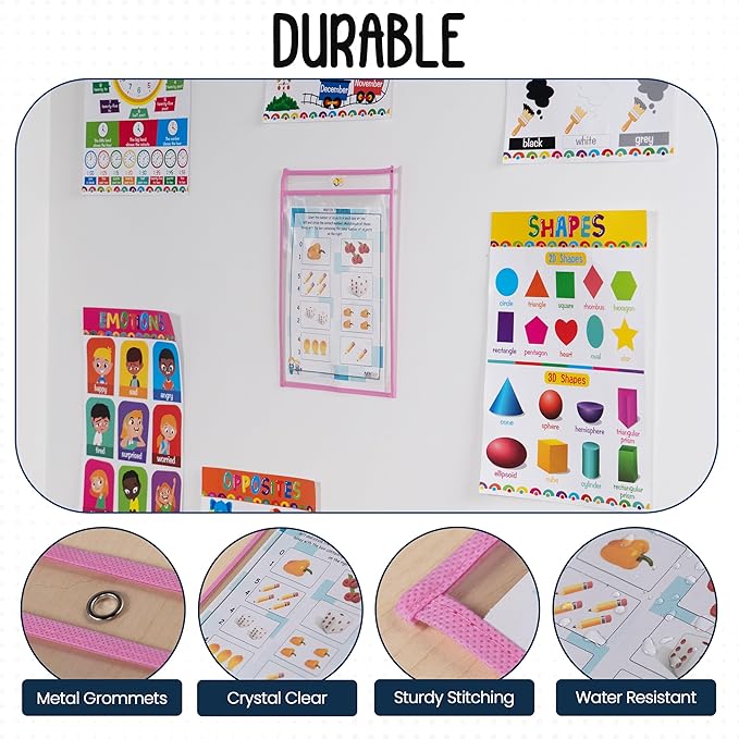 Essex Wares - 6 Pack, Pink, Dry Erase Pocket Document Protectors, 10" Wide x 13.5" Tall - Dry Erase Clear Plastic Sleeves - Reusable & Easy Erase Plastic Invoice Holders, Water-Resistant & Durable