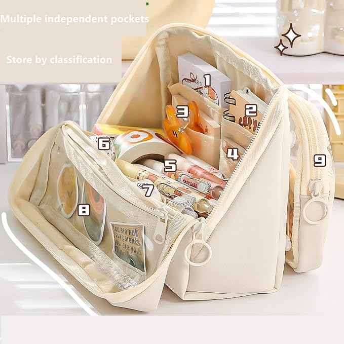 Large Pencil Pouch Big Pencil Case Big Capacity Aesthetic Pen Cosmetic Bag Pen Stationery Organizer Simple, College Office Home Travel Storage Bag (Brown)