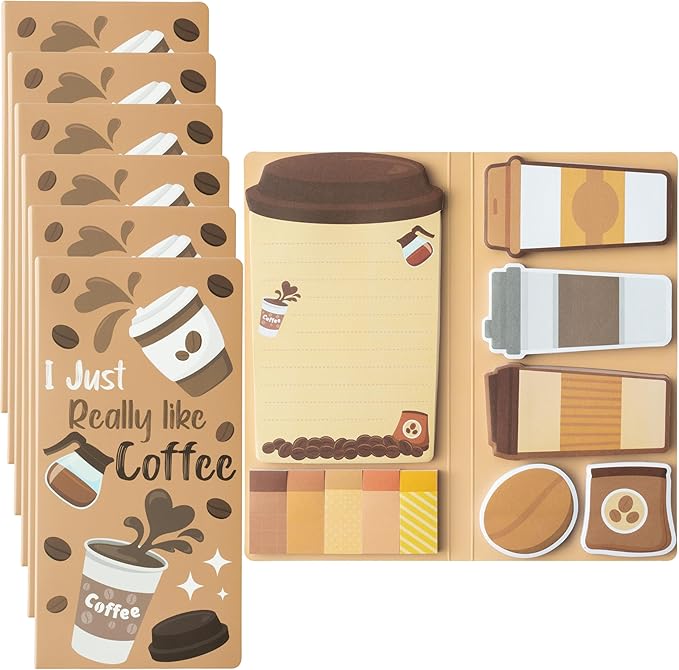B1ykin Coffee Cup Sticky Notes Set - I Just Really Like Coffee Self-Stick Notes Pad, 550 Sheets Writing Memo Pages Sticky Notepad for Teacher Appreciation Gifts, School Office Party Favors (6Pcs)