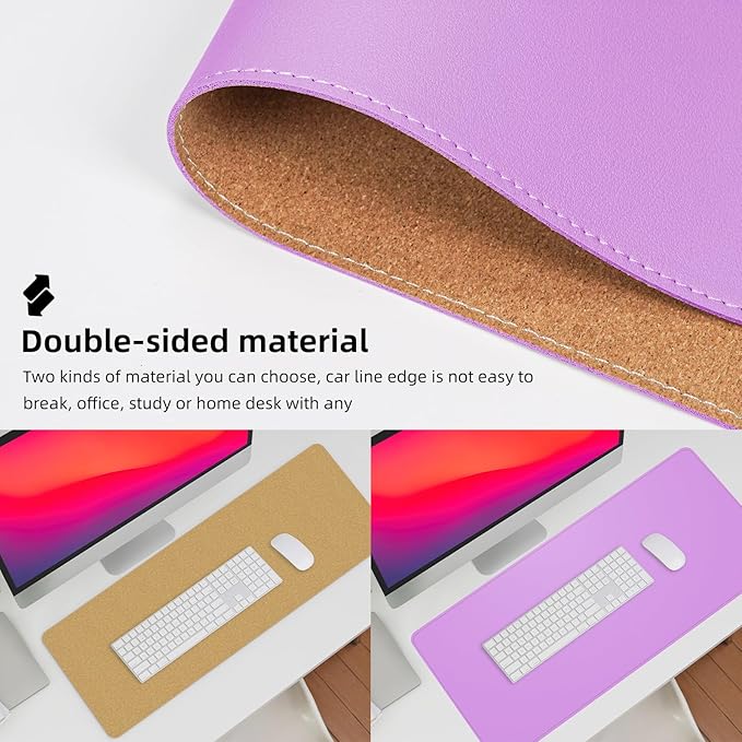 AFIING Leather Desk Pad Protector, Large Desk Mat with Natural Cork & PU Leather, Mouse Pad, Non-Slip, Waterproof Desk Writing Pad for Office and Home, Purple
