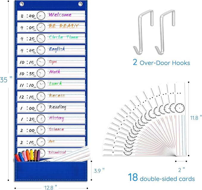ZKOO Daily Schedule Pocket Chart, 13+1 Pocket Visual Schedule with 18 Double-Sided Reusable Dry-Erase Cards, Teaching Scheduling Pocket Charts for Classroom, Homeschool, Special Education (Blue)