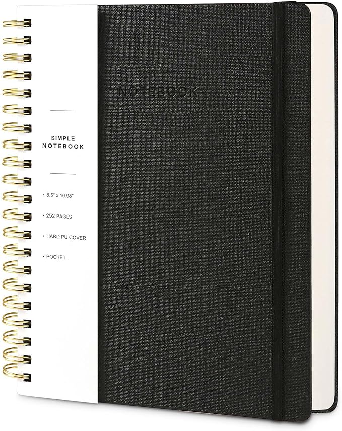 Spiral Notebook - 8.5 x 10.98 Inch Large Hard Cover Notebook with Elastic Band & Pocket, 252 Pages, Lay Flat Wirebound Journal for Work, School, Planning & Note Taking Black
