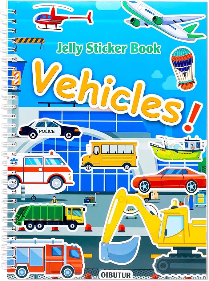 Jelly Sticker Books for Toddlers 2-4 Years, Reusable Sticker Book for Kids 1-3, Toddler Easter Basket Stuffers＆Travel Essentials Vehicles Stickers for Kids Toddler Plane Activities (Vehicles)