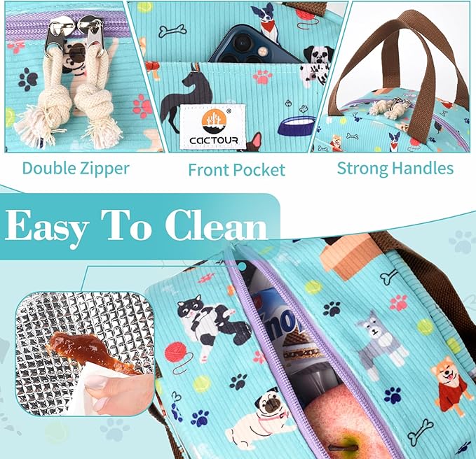 CaCTOUR Lunch Box for Women Girls Teens,Cute Lunch Box Cooler Bag, Portable Insulated Small Lunch Bag Women Reusable Corduroy Lunch Tote for Work/Travel/Picnic/School (Dog Green,Small)