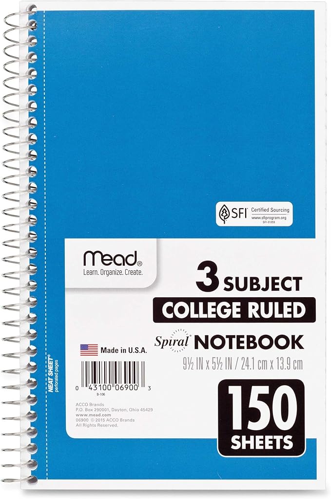 Mead, 06900, Spiral Notebook, 3 Subjects, Medium/College Rule, Assorted Color Covers, 9.5 x 5.5, 150 Sheets, Sold As 1 Notebook