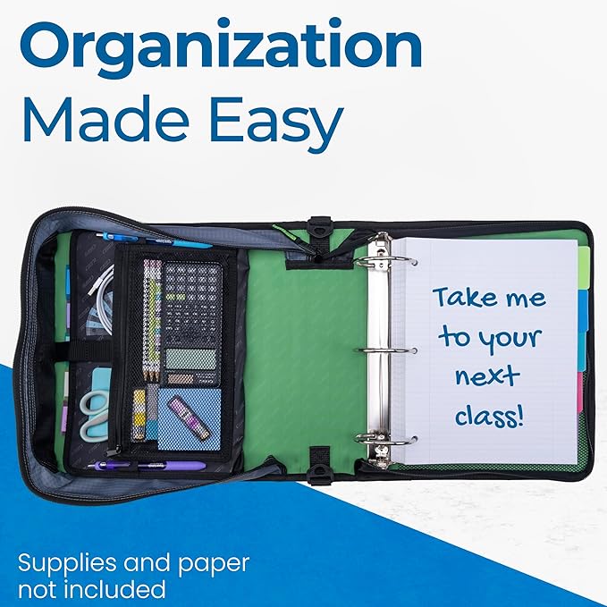 Case-it Mighty Zip Tab School Zipper Binder | 3-Inch O-Rings, 600-Sheet Capacity, 5-Subject Expanding File Folder, Multiple Pockets & Storage Organizer, Shoulder Strap | D-146 Canopy Green