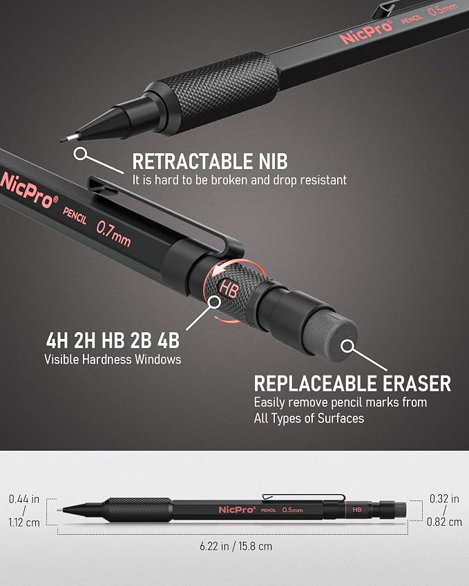 Nicpro 0.5 mm & 0.7 mm Metal Mechanical Pencil Set with Case, 2 PCS | Heavy Duty Lead Pencil + 6 Tube HB 2B Lead Refill, Eraser, Weatherproof Metal Barrel for Outdoor Writing Drafting Drawing