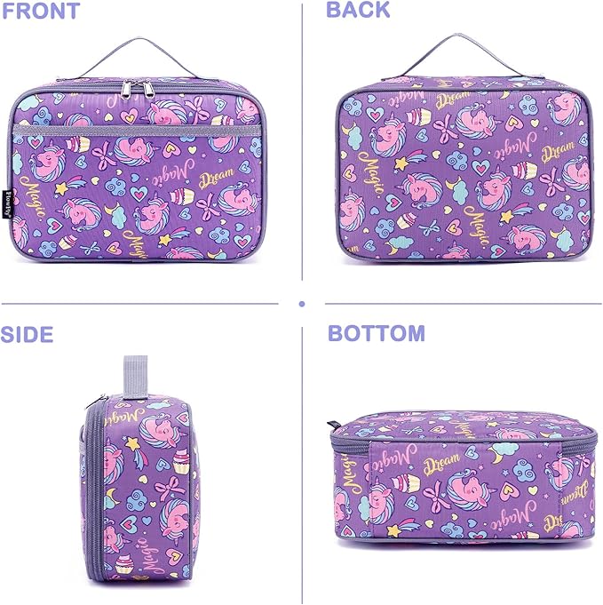 FlowFly Kids Lunch box Insulated Soft Bag Mini Cooler Back to School Thermal Meal Tote Kit for Girls, Boys, Purple Unicorn