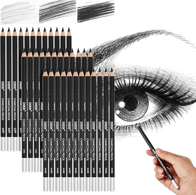 Geyoga 36 Pcs Professional Charcoal Pencils Soft, Medium and Hard for Drawing Charcoal Pencils for Sketching Shading Drawing Blending Portrait (Black,Assorted)