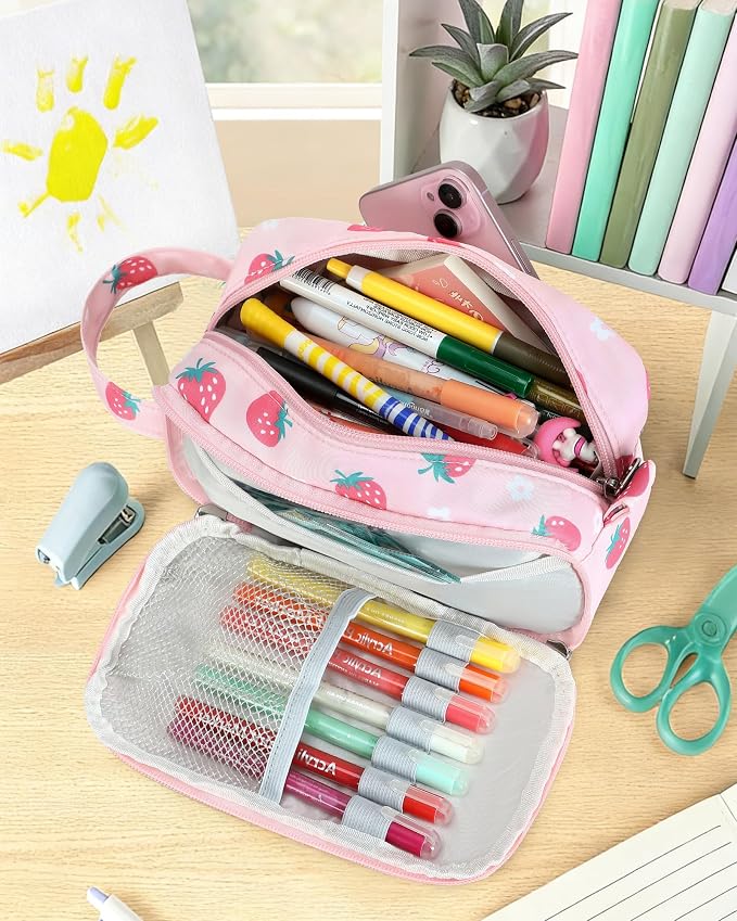 CAMTOP Cute Pencil Case for Girls, Large Capacity Pencil Pouch with 3 Compartments Pen Organizer Pink Kawaii Pencil Box Bag for School Travel Gifts