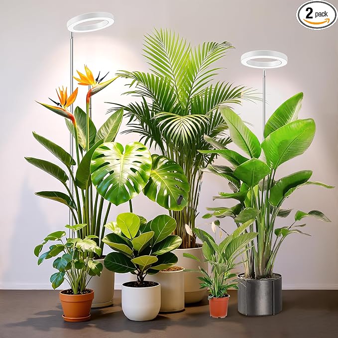 Kullsinss 6.3in Grow Light, Full Spectrum Plant Lights for Indoor Growing | White Plant Lamp with 6/12/16H Auto Timer, 5 Brightness Levels, 10-60in Height Adjustable, for Indoor Tall Plants (2-Pack)