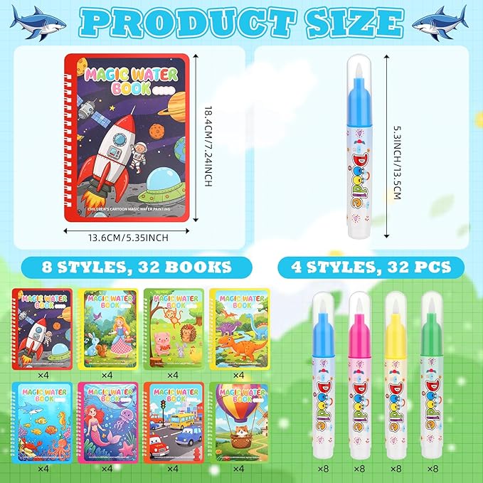 Gaillty 32 Pack Water Coloring Books Set for Kids Toddlers Reusable Water Painting Book for Paper Painting Early Childhood Educational Gift Easter Basket Filler Gift