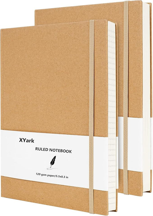 A5 Line Kraft Notebook Journals Bulk, College Ruled Hardcover Writing Subject Composition Notebooks with Lined Paper, 2 Pack, 120GSM, 102 Sheets, 5.5x8.3 inch, Travel Journal Set