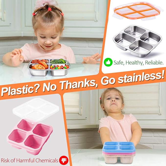 KTKUDY 3 Pack Stainless Steel Snack Containers - Divided Bento Snack Box - 4 Compartment Meal Prep Lunch Containers for Kids Daycare, School, Work, Travel