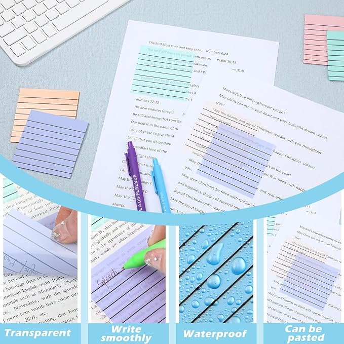 Yinder 24 Pack 720 Sheets Transparent Sticky Notes Translucent Clear Lined Self Sticky Notes for Bible Tabs, Book Tabs, Office School Supplies(3 x 3 Inch,Macaron Color)