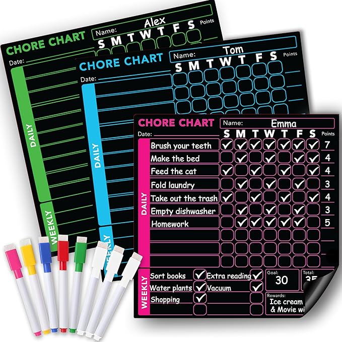 3 Pcs Blackboard Chore Chart Set - Pocket Charts Dry Erase Chore Chart for Multiple Users, Teens & Adults. Fridge Magnetic Blackboard Set, 3 Individual Charts (10"x10" Each) & 8 Fine Tip Markers