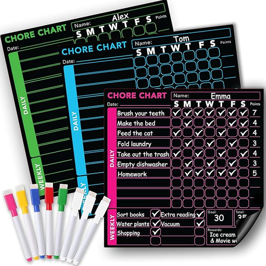 3 Pcs Blackboard Chore Chart Set - Pocket Charts Dry Erase Chore Chart for Multiple Users, Teens & Adults. Fridge Magnetic Blackboard Set, 3 Individual Charts (10"x10" Each) & 8 Fine Tip Markers