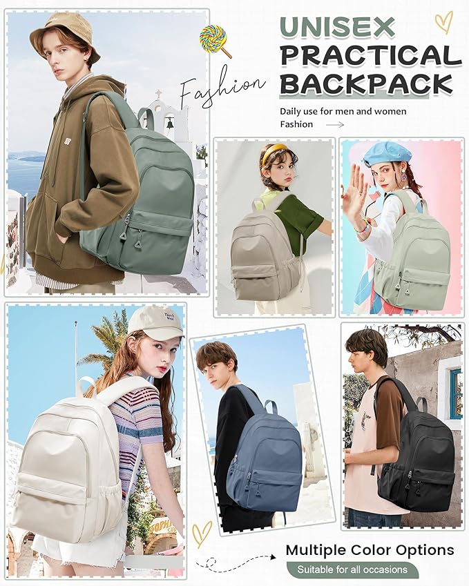 BJLFS Green Cute School Backpack with Laptop Compartment Small Travel Laptop Backpack for Women Men Waterproof College Backpack Simple School Bag for Teens Girls Boys