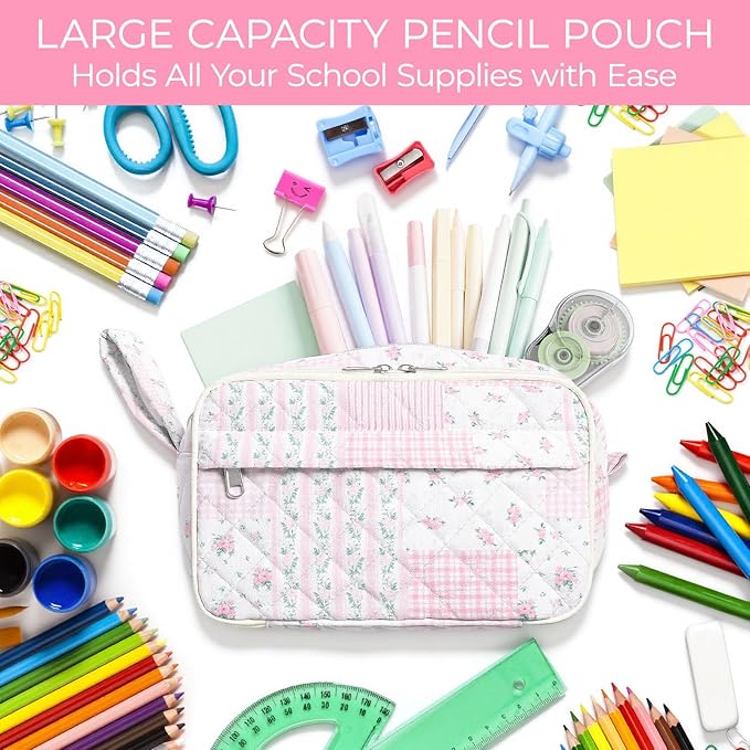 WOBAGMEN Quilted Pencil Pouch for Girls Women, Large Pencil Case Pouch with Compartments Cute Aesthetic Pencil Case Organizer, Floral Pencil Bag for School Supplies (Pink Floral pin)