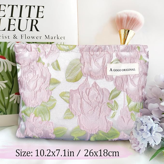 STARDW Cute Floral Makeup Bag Organizer Travel Cosmetic Pouch for Women | Aesthetic Cosmetic Bag with Zipper, Large Capacity Travel Toiletry Bag, Purse Organizer Pouches, Canvas Lining