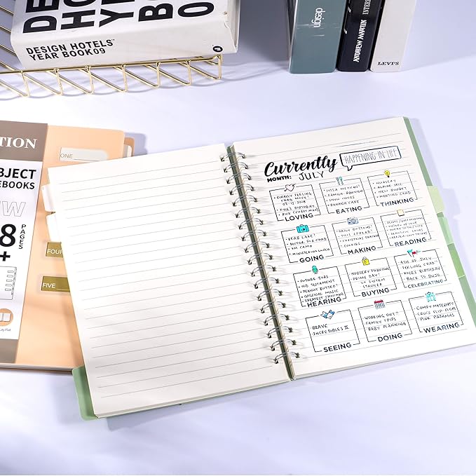 FLYING EAGLE Small Spiral Notebook 5 Subject Notebook Wide Ruled with Dividers Tabs Waterproof Plastic Cover Thick Paper Notebooks for Work School, 7x10 Green