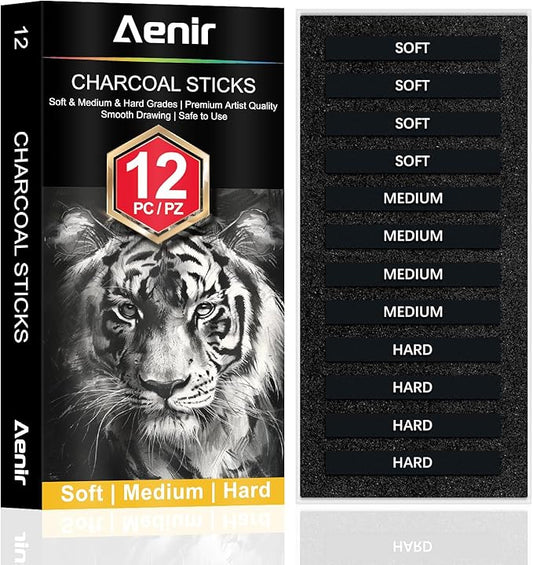 Aenir Compressed Charcoal Sticks Set of 12 – Soft, Medium, Hard Charcoal for Drawing, Sketching & Shading – Art Supplies for Artists, Beginners & Adults