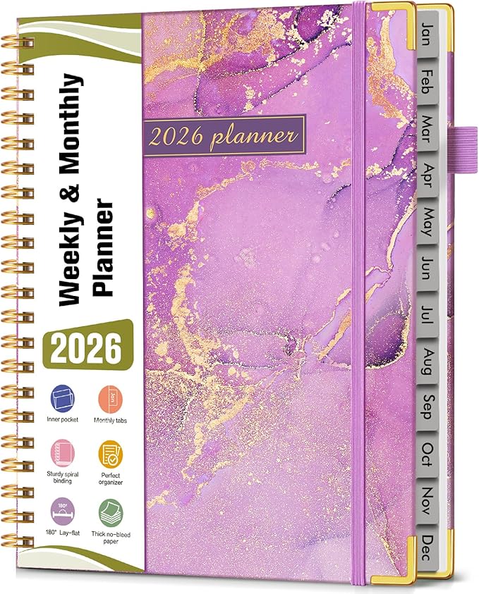 2026 Planner, Hardcover Weekly and Monthly Planner, January 2026 - December 2026, Spiral Yearly Agenda Organizer Book 2026 with Tabs, Daily Calendar Planners for School Work Home, A4 (8.5" x 11"), Purple Marble