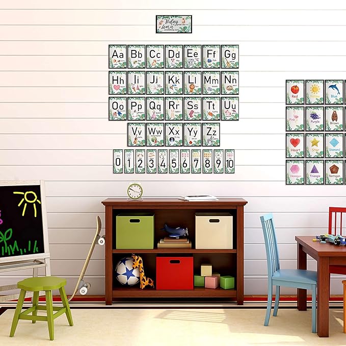 58 Pieces Educational Preschool Cards Kids Early Learning Poster Alphabet Number Colors and Shapes Bulletin Board Decoration Kindergarten Classroom Learning Card with Glue Point Dot (Fresh Style)