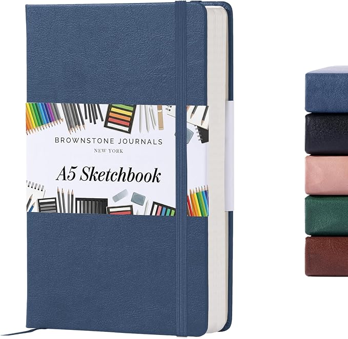 BROWNSTONE JOURNALS A5 Sketch Book Hardcover - 80 Sheets 100 GSM Paper 5"x8", Lay Flat, Vegan Leather Cover, Elastic Band, Back Pocket, Art Drawing Book (Symphony Blue)