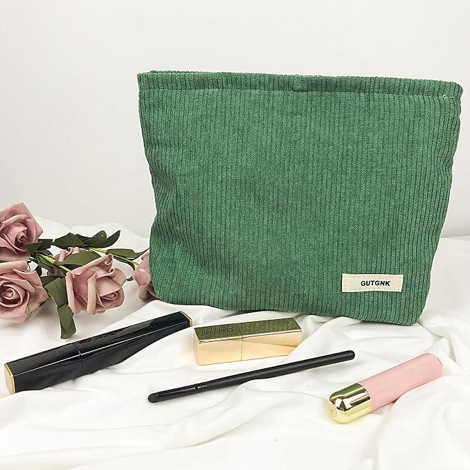 GUTGNK Corduroy Ladies Cosmetic Bag, Large Capacity Canvas Cosmetic Bag Travel Toiletry Bag Accessories Organizer, Grass Green
