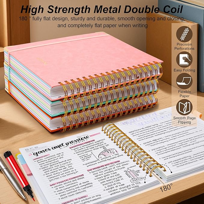 Hardcover Spiral Notebook 5.7"x 8.2" Journal Notebook with Tabs and Removable Dividers 300 Pages 5 Subject Notebook College Ruled, Faux Leather Spiral Bound Notebook for Women School Work(White)